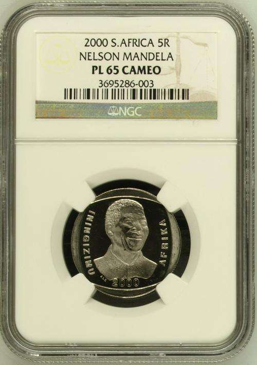 " 2nd Finest Grade In Cameo " Nelson Mandela 2000 R5 - NGC PL65 Cameo - Only 9 x Coins Graded Higher